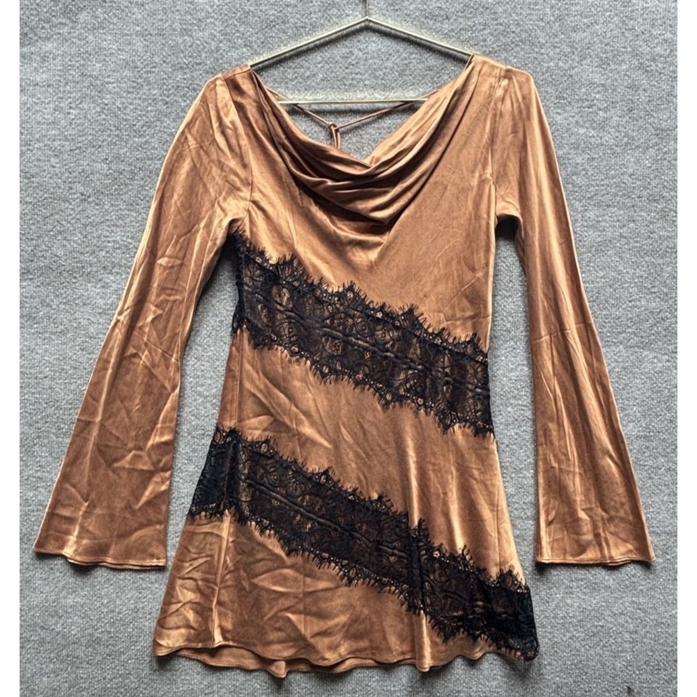 Significant Other Helaina Mini Dress Women‎ 4 Caramel Long Sleeve Bell Lace NWT